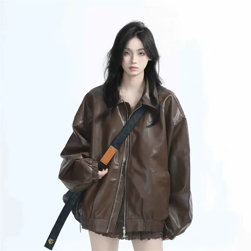 Retro senhoras moda zíper jaqueta de couro falso primavera outono feminino mangas compridas casaco de couro 2025 feminino couro do plutônio outwear
