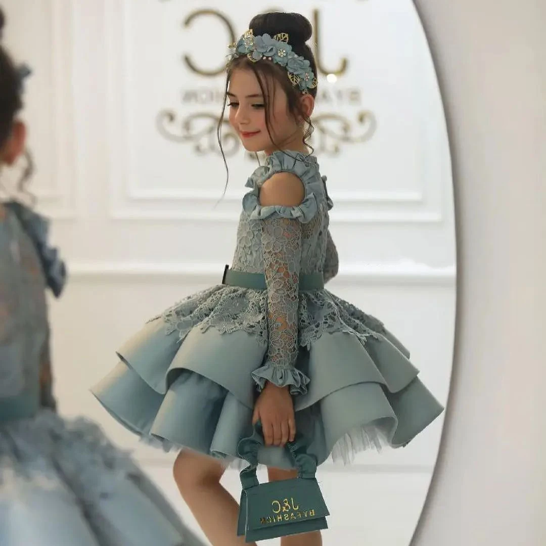 ชุดเดรสเด็กผู้หญิงดอกไม้เจ้าหญิงสำหรับงานแต่งงานลูกไม้ชุดพิธีศีลมหาสนิทผ้าซาตินแขน3/4เด็กเล็กเด็กผู้หญิงยาวถึงเข่าชุดวันเกิดปาร์ตี้แรก