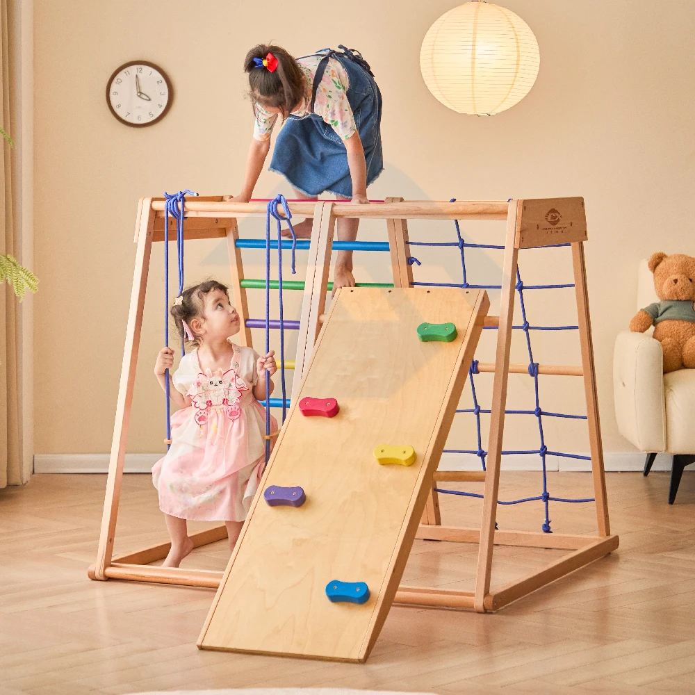 Quadro de escalada de arco-íris de madeira, playground interno para crianças, escada de atividades, balanço, slide, conjunto de estrutura de jogo