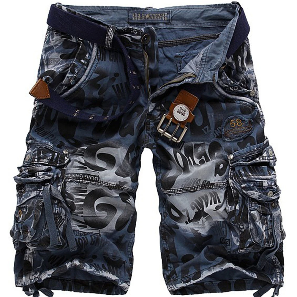 Calções de trabalho estampados com camuflagem masculina, bolso múltiplo, com zíper, botão, combate militar, diário, casual, rua, verão