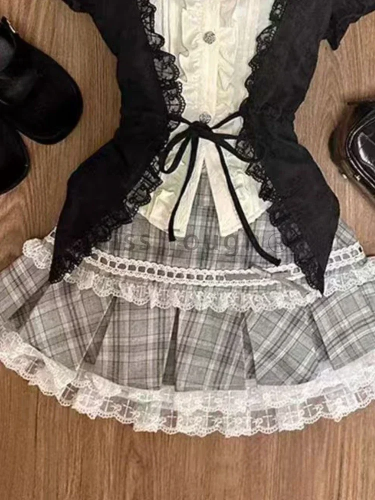 ファッション甘いスリム半袖 2 点セット女性デザインシックなラペルリボンパッチワークトップス + ハイウエスト薄いチェック柄ショートスカート新しい