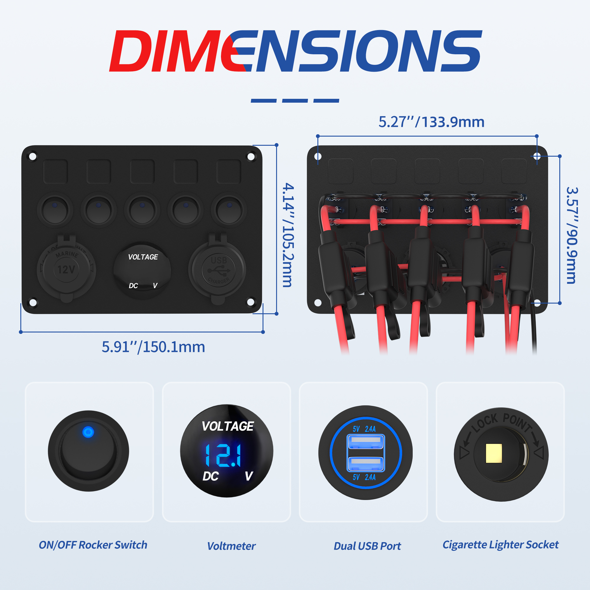 DaierTek-Painel impermeável do interruptor do carro, 5 Gang, Barco, 2.4A, Dual USB Port, 12V Tomada, Voltímetro Digital, LED azul para Auto