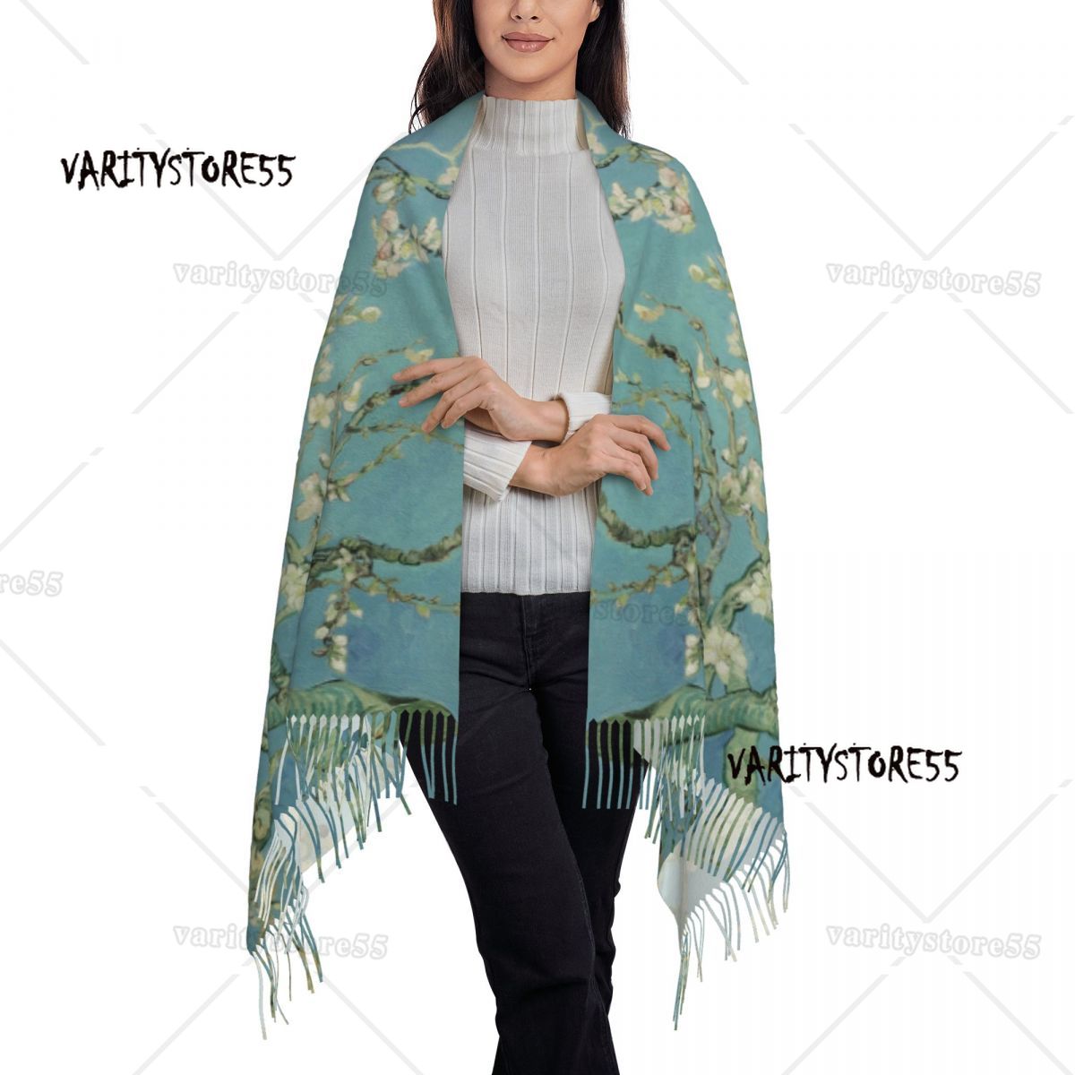 Bufanda con estampado personalizado de flores de almendro de Vincent Van Gogh, bufandas cálidas de invierno para hombres y mujeres, chal con pintura de flores