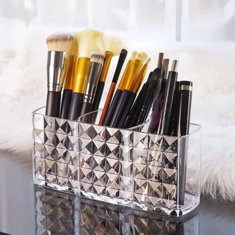 Bohrmuster, drei Fächer, Make-up-Pinsel-Organizer, Acryl, transparenter Stifthalter, Desktop-Aufbewahrung für Augenbrauenstift, Lippenstift