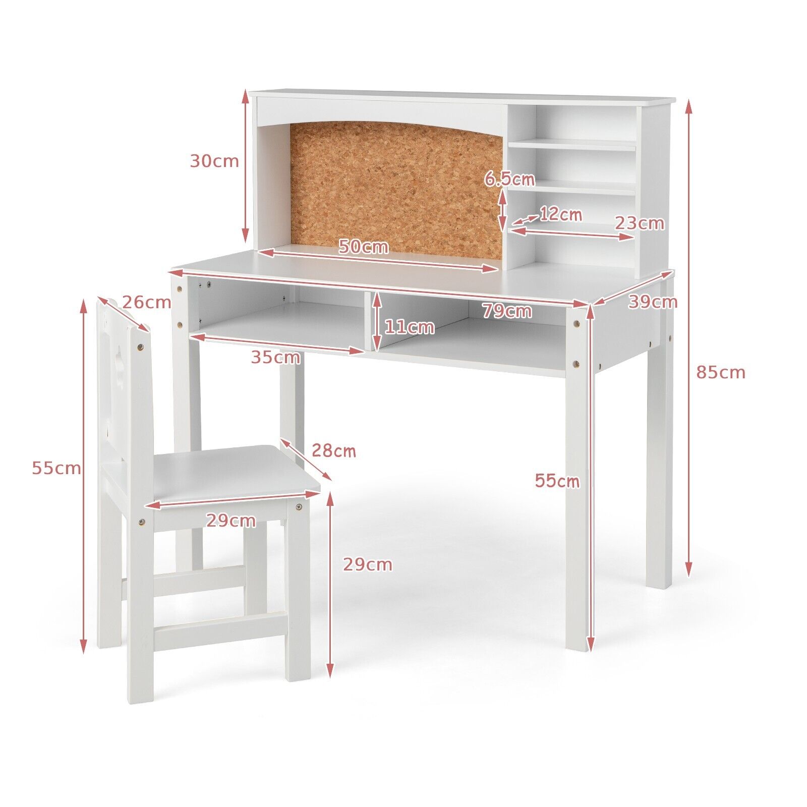 GOFLAME Kids Desk and Chair Set, Student's Study Table with Chair, Hutch, Cork Bulletin Board, Bookshelf & Drawers