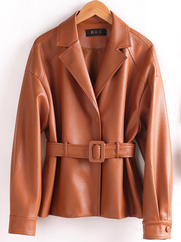 Nouveau Femmes Refente de cuir Blazer avec ceinture fine Printemps Automne Mode Col cranté Ample Veste en Refente de cuir Manteau pour femme
