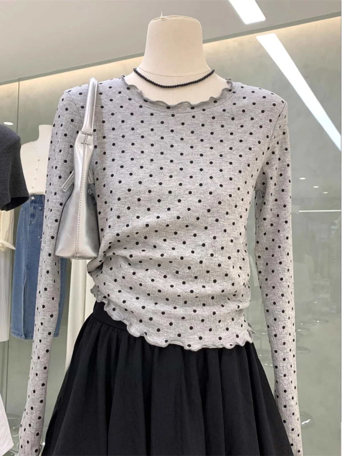 Plus Size Korean Sle Polka Dot Long Sleeve T-Shirt Women's Base Layer Shirt Inner Wear Sweet And Spicy Fall Season Layering Top