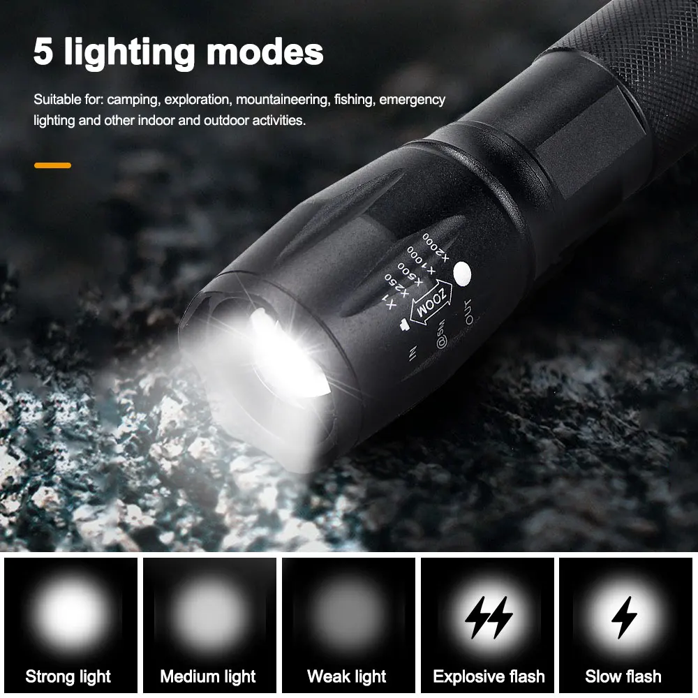 Linterna LED de alta potencia para acampar con 5 modos de iluminación, linterna impermeable con luz de enfoque variable de aleación de aluminio