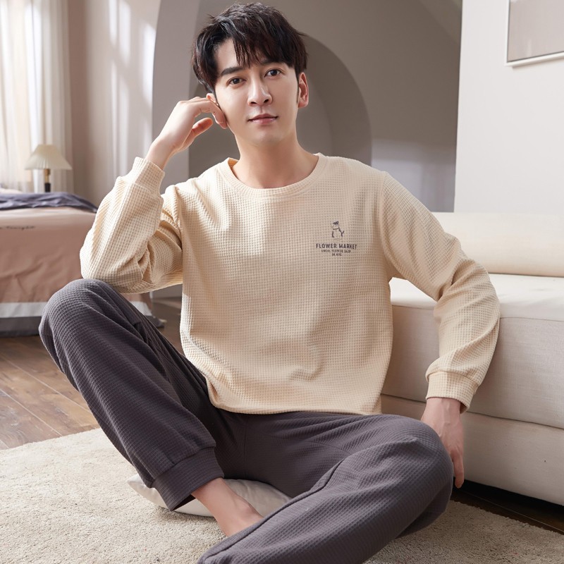 Pijamas informales de algodón para hombre, ropa de dormir de color liso, con Tops largos y pantalones, a la moda, novedad de primavera