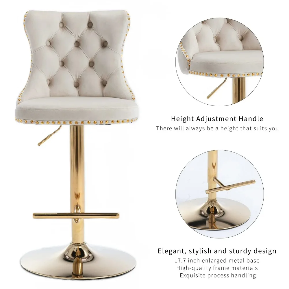 Velvet Bar Stools Set of 2, Counter Height Bar Stools with Button & Nailheads Trim, Gold Swivel Bar Stools for Kitchen Island