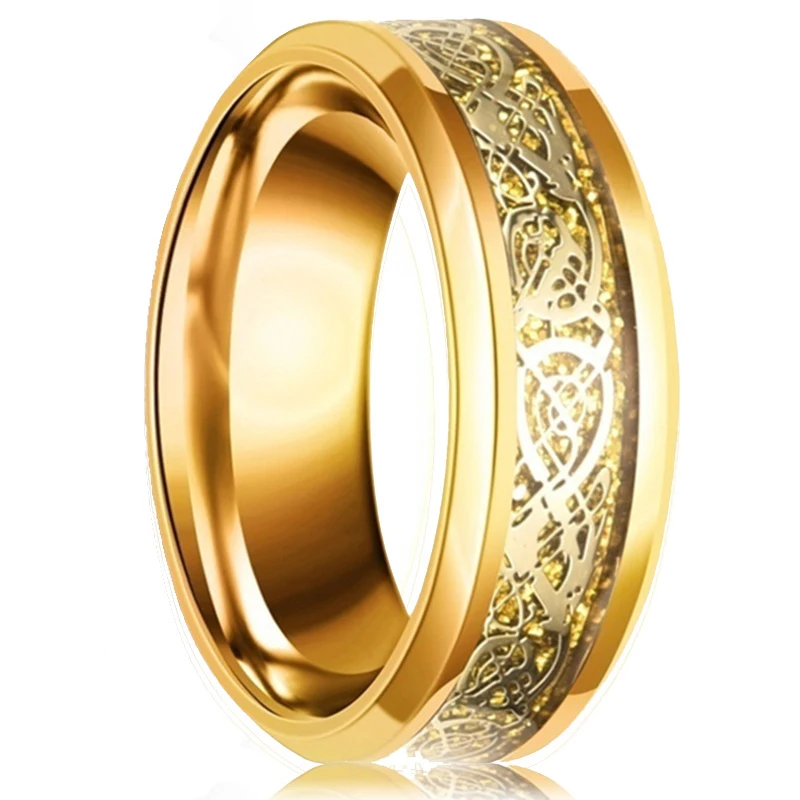 แฟชั่น 8 มม.สแตนเลส Celtic Dragon แหวน Inlay สีแดงสีเขียวสีดําคาร์บอนไฟเบอร์แหวนแต่งงาน Charm เครื่องประดับของขวัญ