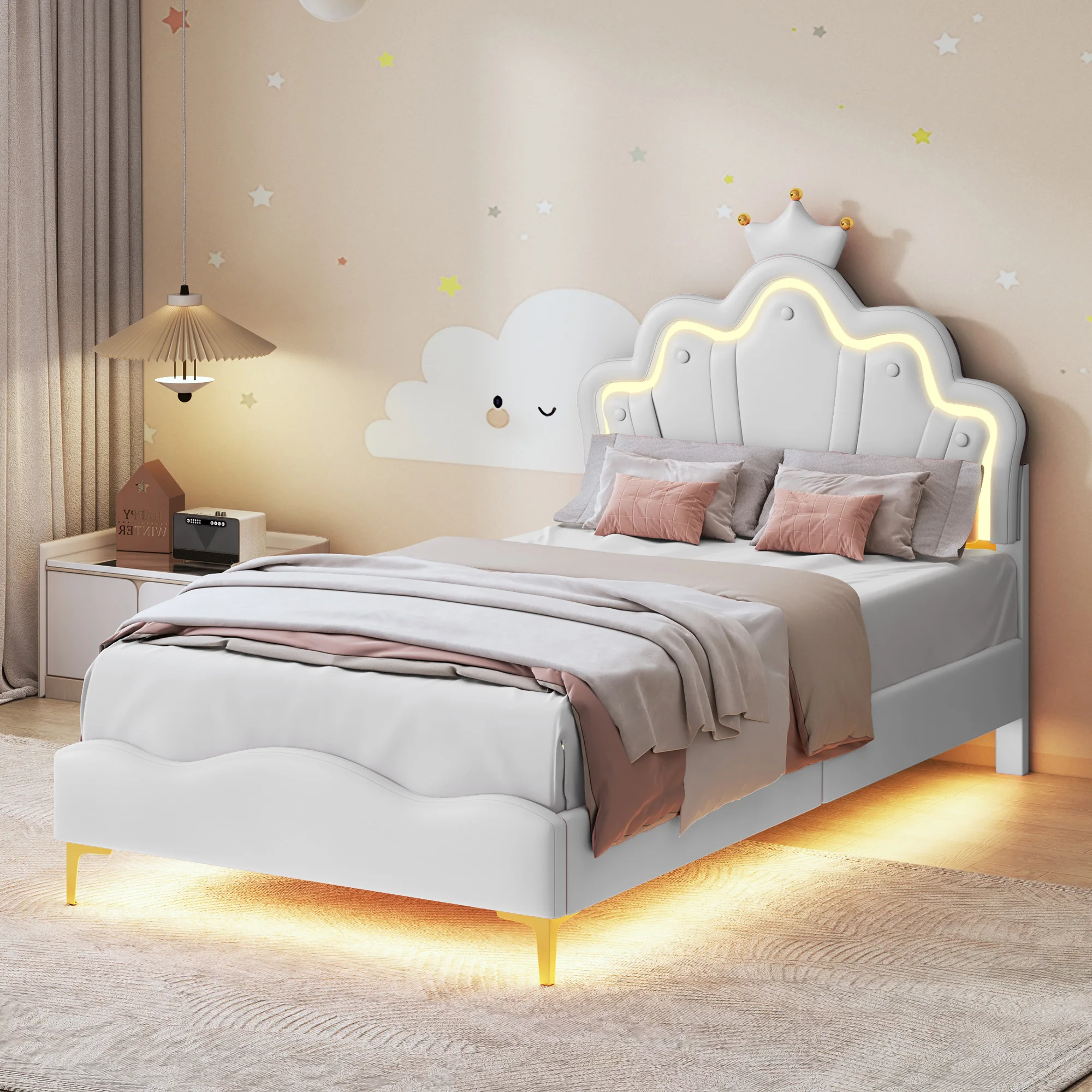 Łóżko dziecięce Comanlai 90x200cm z oświetleniem LED i zagłówkiem w kształcie korony, łóżko tapicerowane z ramą z listew, skóra PU, białe