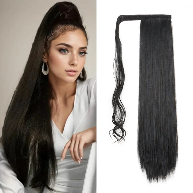 Extensão sintética do cabelo do rabo de cavalo reto longo para mulheres, envolva ao redor do grampo, preto, louro, fake hairpiece, 24"