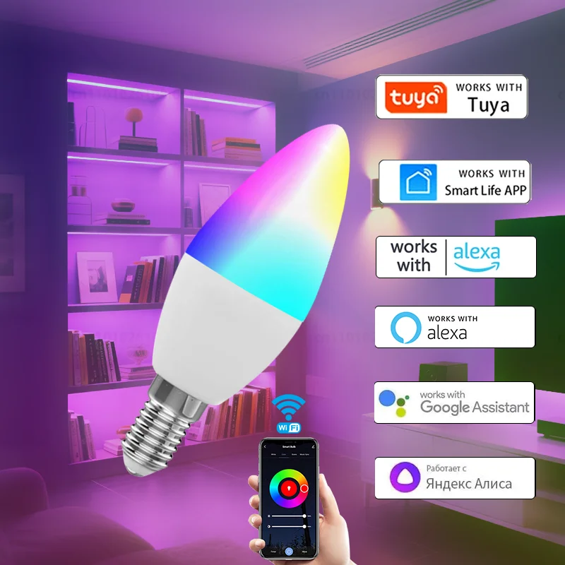 E14 Tuya WiFi Smart LED Lampadina a lume di candela 220V 9W 7W 5W RGB Lampada dimmerabile APP Controllo vocale Funziona con Alexa Google Home