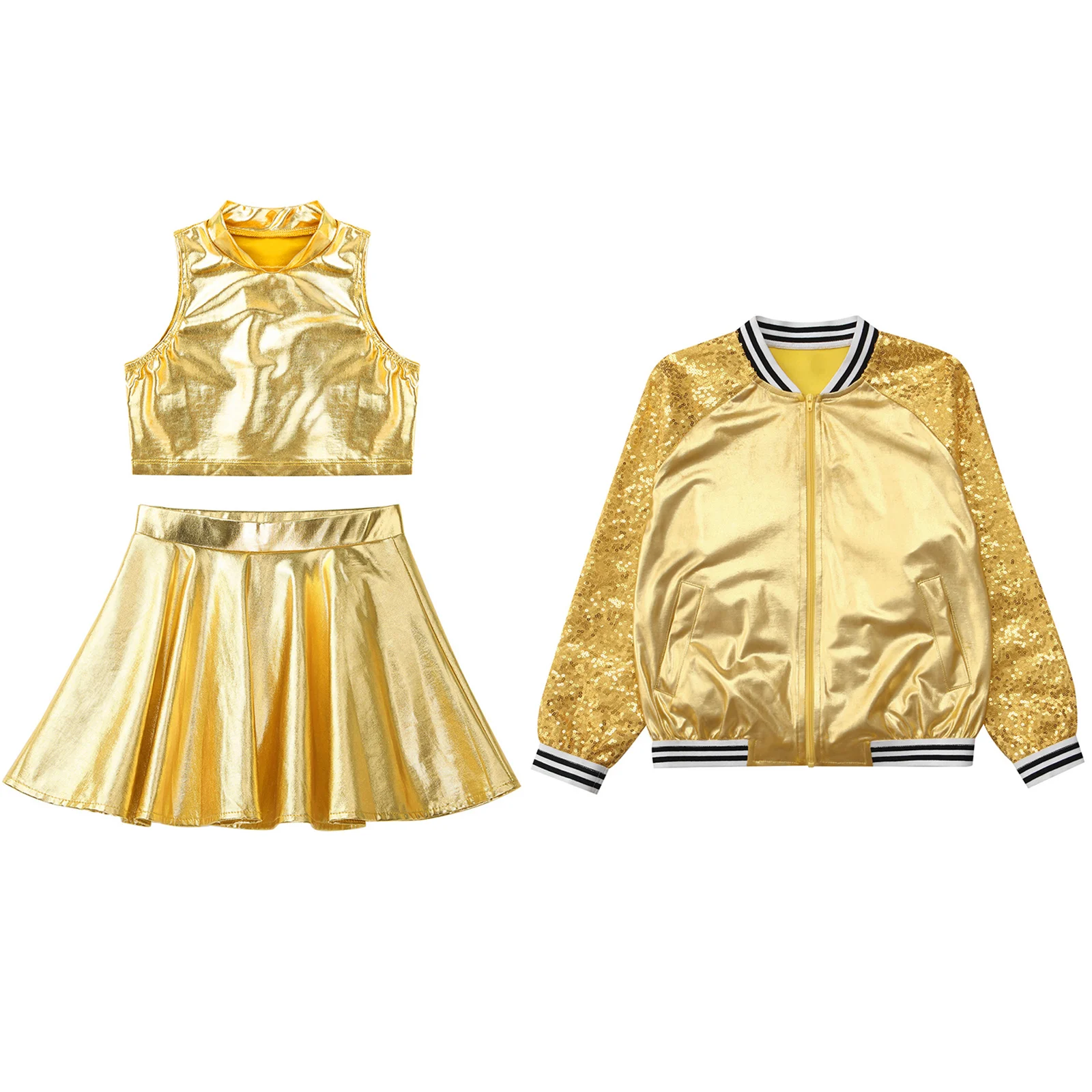 Pakaian dansa anak perempuan, pakaian jalanan Jazz, pakaian dansa, atasan Crop tanpa lengan dengan rok dan jaket lengan panjang payet, setelan untuk penampilan panggung