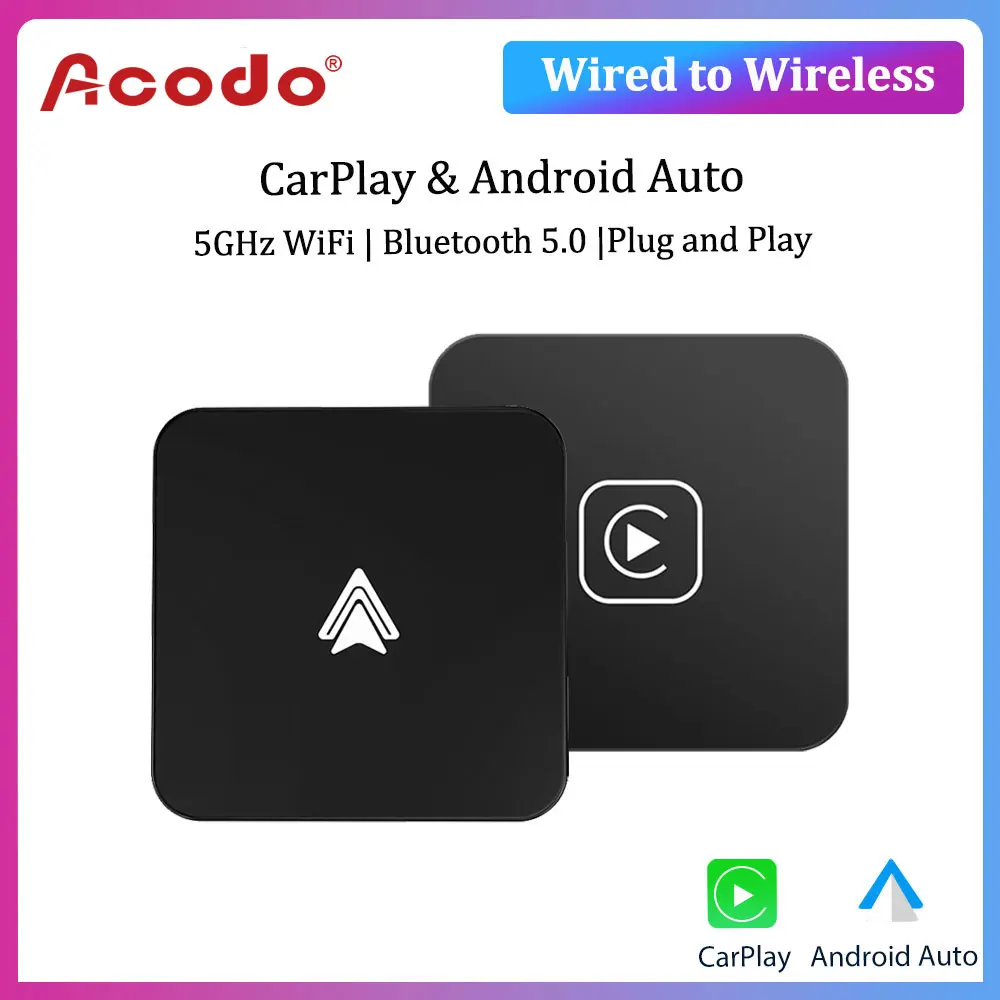 Acodo-Adaptador CarPlay cable a inalámbrico, Dongle inteligente Android Auto, Mini caja Plug And Play, conectividad Bluetooth, interfaz USB