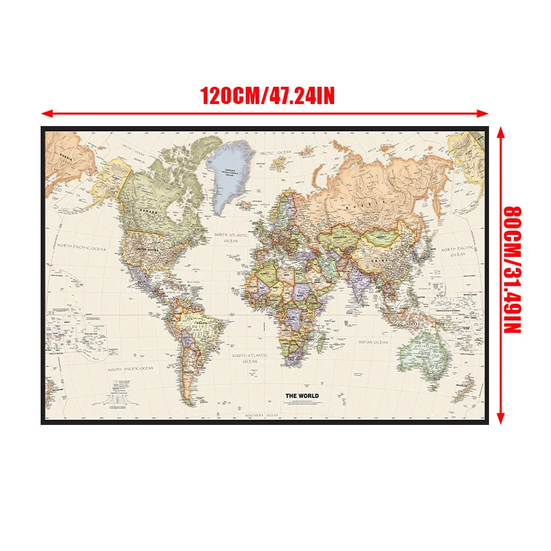 세계지도 빈티지 포스터 부직포 캔버스 회화 레트로 벽 인쇄 그림 홈 장식 학교 용품 여행지도 120*80cm