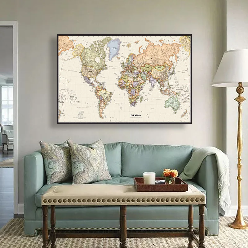 Mapa del mundo colgante de tela de 100x70cm, fondo decorativo no tejido, póster, tela, decoración para sala de estar, aula y oficina en inglés