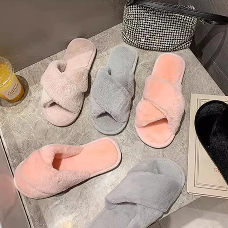 ฤดูใบไม้ร่วงและฤดูหนาวรองเท้าแตะสําหรับสตรีในร่มด้านล่างนุ่มสบายและลื่นบ้าน Plush CROSS รองเท้าแตะผ้าฝ้าย