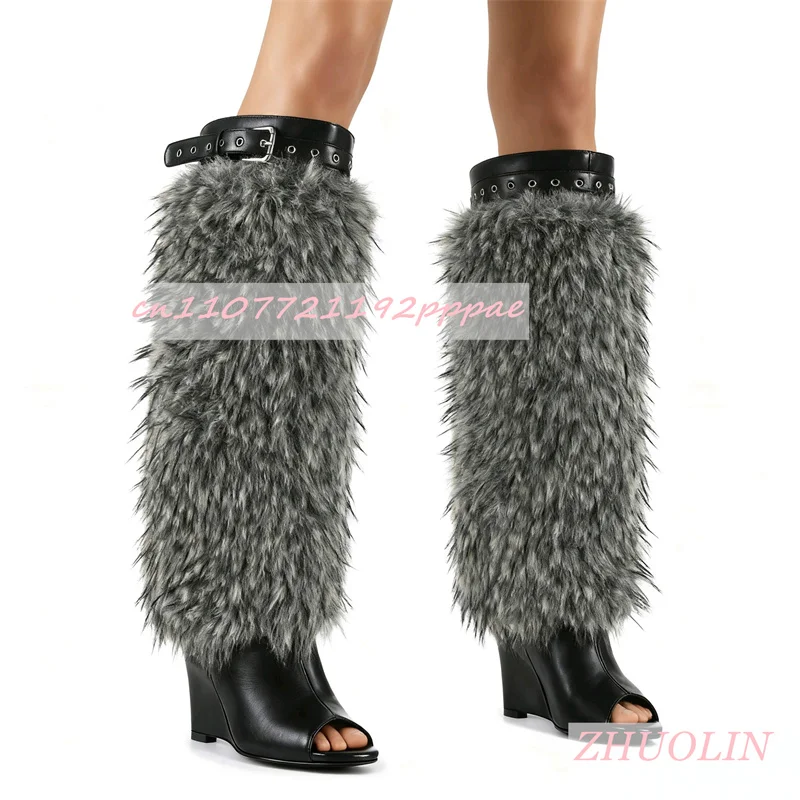 Sepatu Boots Wanita Abu-abu Berbulu Model Sandal Terbuka dengan Gesper Sabuk Mewah, Sepatu Wedge Elegan untuk Pesta Dansa, Sepatu Boots Setinggi Lutut Ukuran Besar 43
