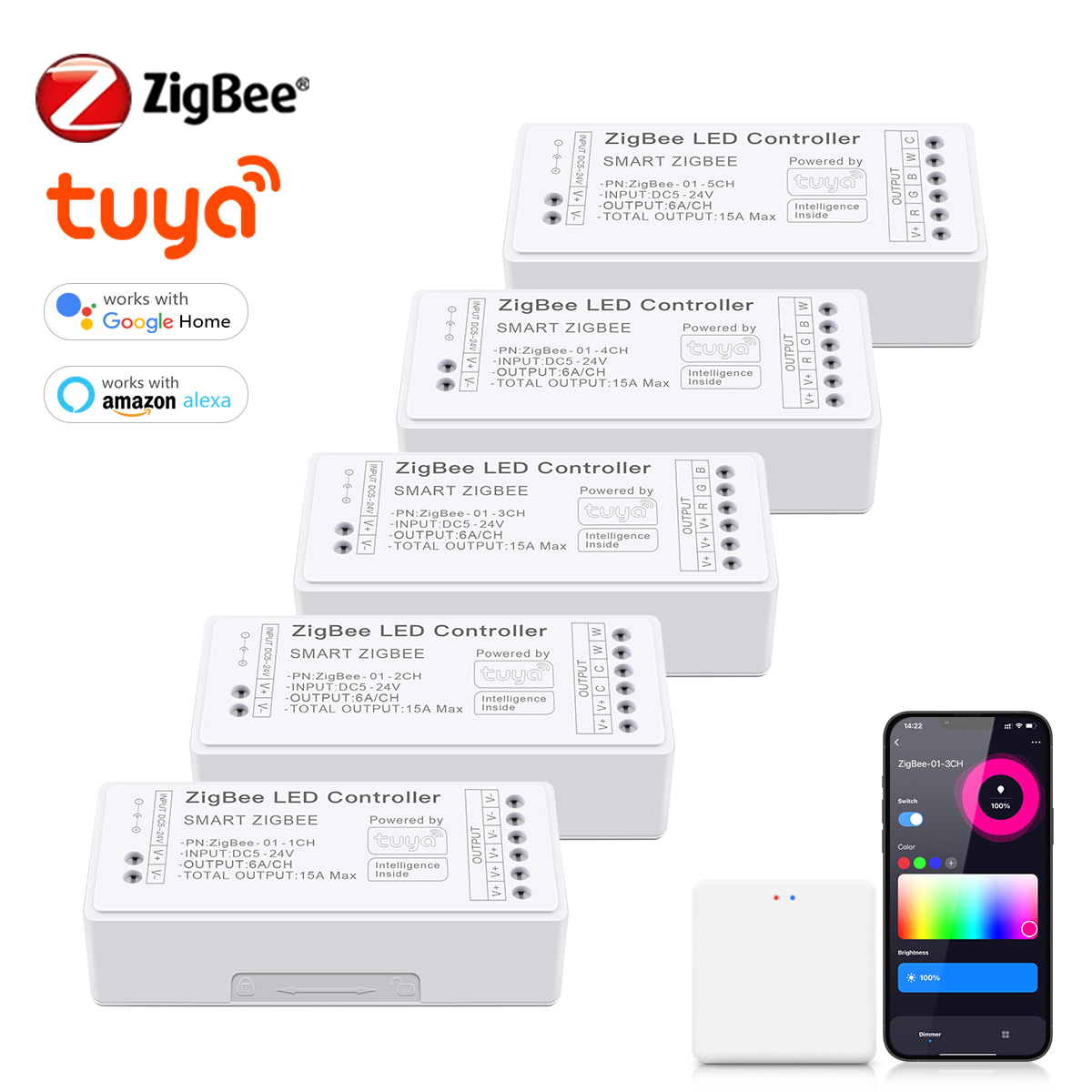 Zigbee Tuya Smart Life LED-Controller 5V-24V CCT RGB RGBW RGBCCT LED-Streifenlicht-Controller Funktioniert mit Alexa Google SmartThings