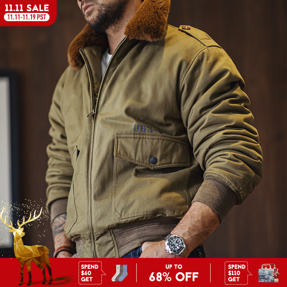 Maden Jaqueta Vintage B10 Bomber com zíper, gola de pelo, bolsos, jaqueta curta de inverno verde masculina, modelo clássico monocromático e quente para uso diário