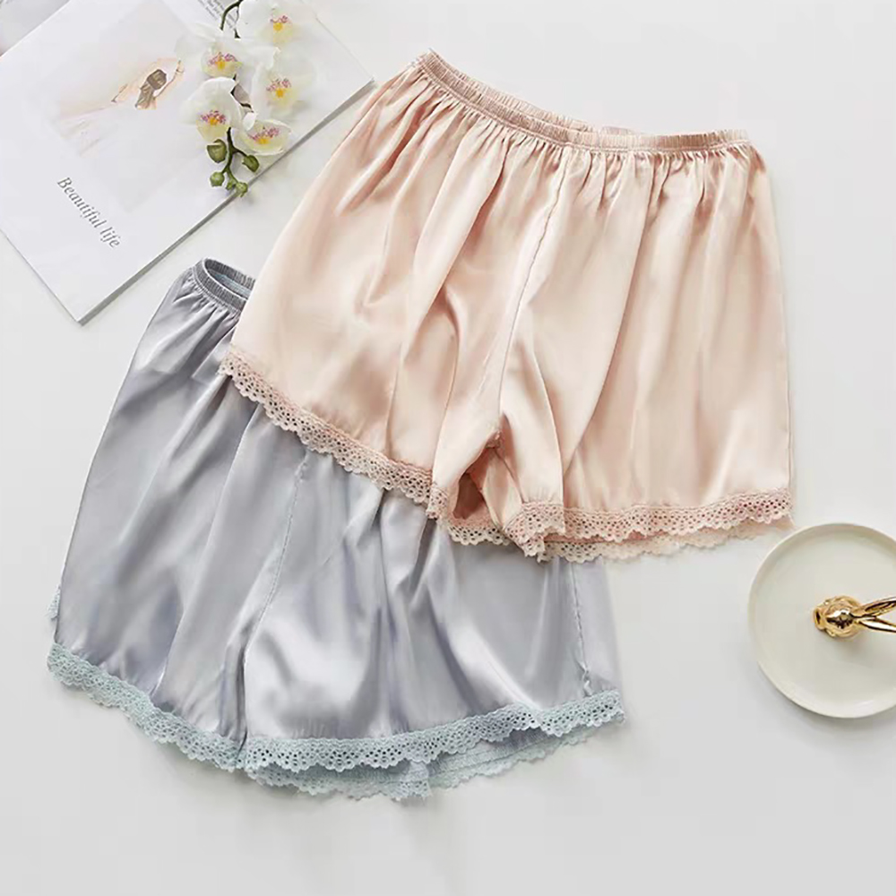 Mulheres primavera verão cetim seda rendas shorts de segurança calças soltas cintura elástica casa dormir shorts pijamas inferiores finos