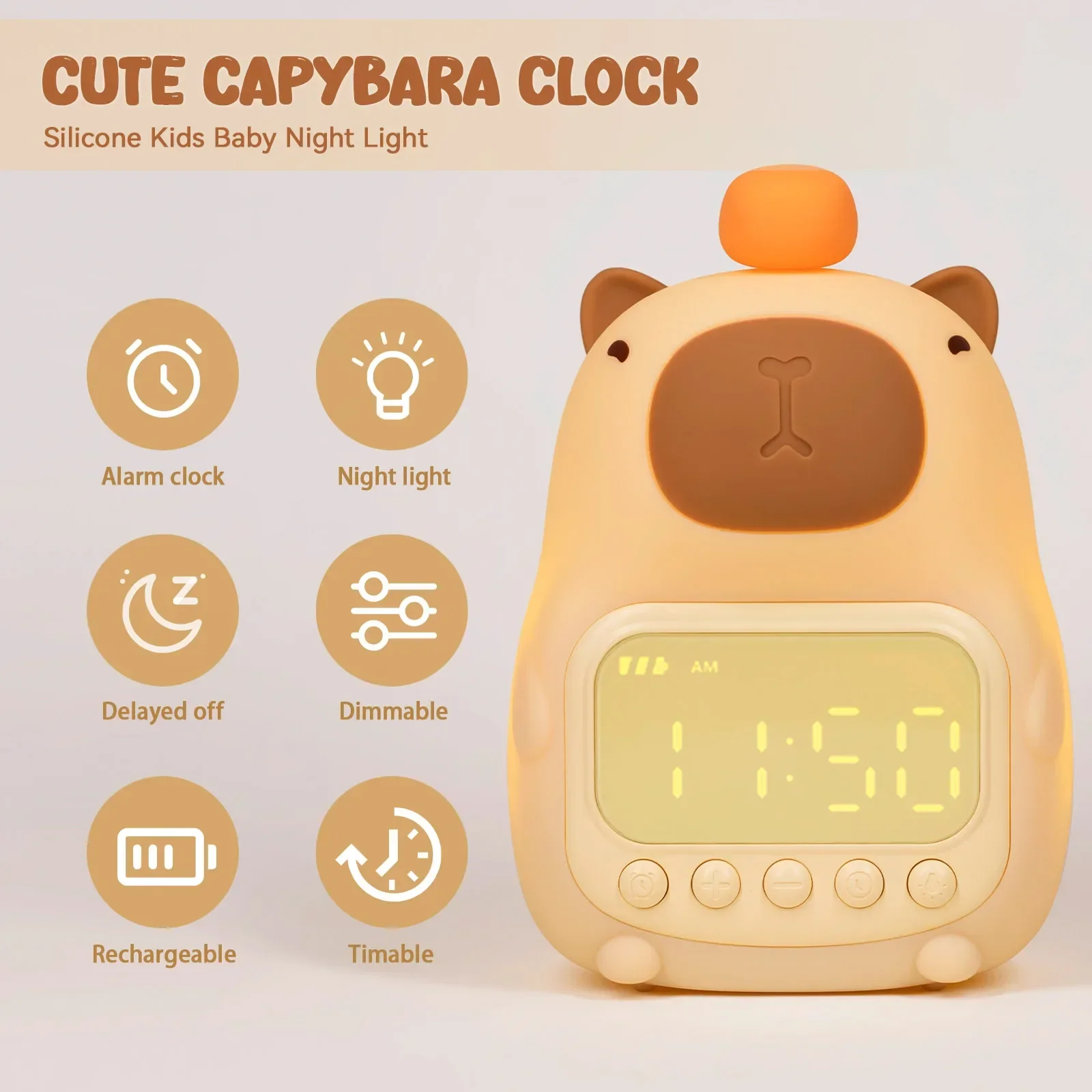 Capybara Led Night Light Silikonowy akumulator Cyfrowy budzik Możliwość przyciemniania Lampa stołowa Rozrząd USB Ładowanie Prezent urodzinowy dla dzieci