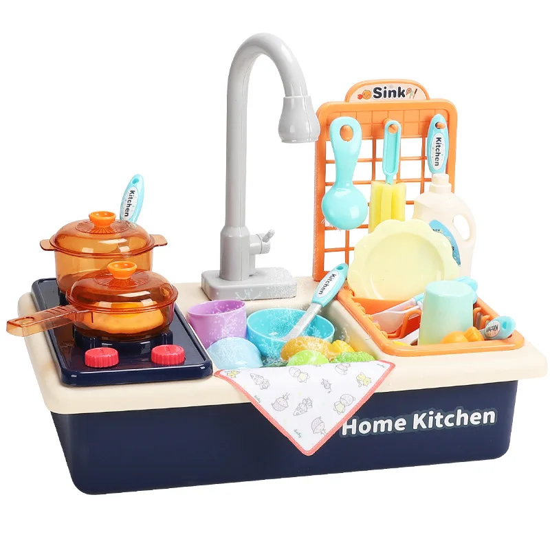 Lavavajillas simulado para niños, lavabo rociador de agua circulante, regalo, juguete de plástico, utensilios de cocina, platos de cocina, estufa, olla caldera