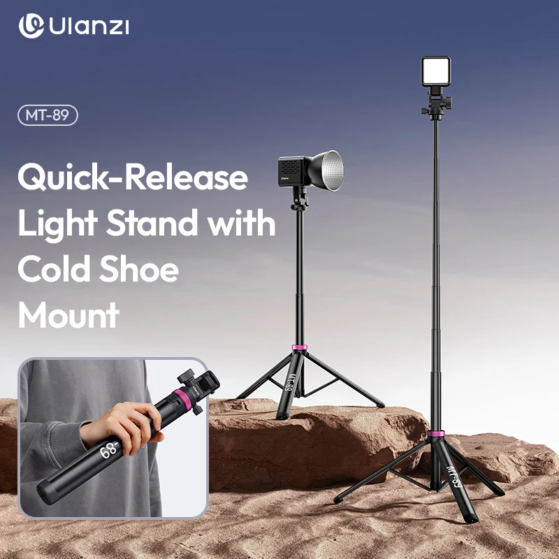 Ulanzi MT-89 Soporte de luz de liberación rápida de 2M con soporte de zapata fría Estendido de 8 secciones para cámara de acción Abrazadera de teléfono Trípode de fotografía