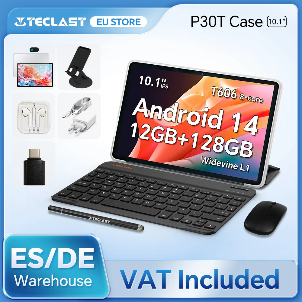 Teclast P30T Set tableta de 10,1 pulgadas Android 14 T606 8 núcleos Max 12GB RAM 128GB ROM 6000mAh teclado/funda/ratón/lápiz óptico/auriculares/soporte