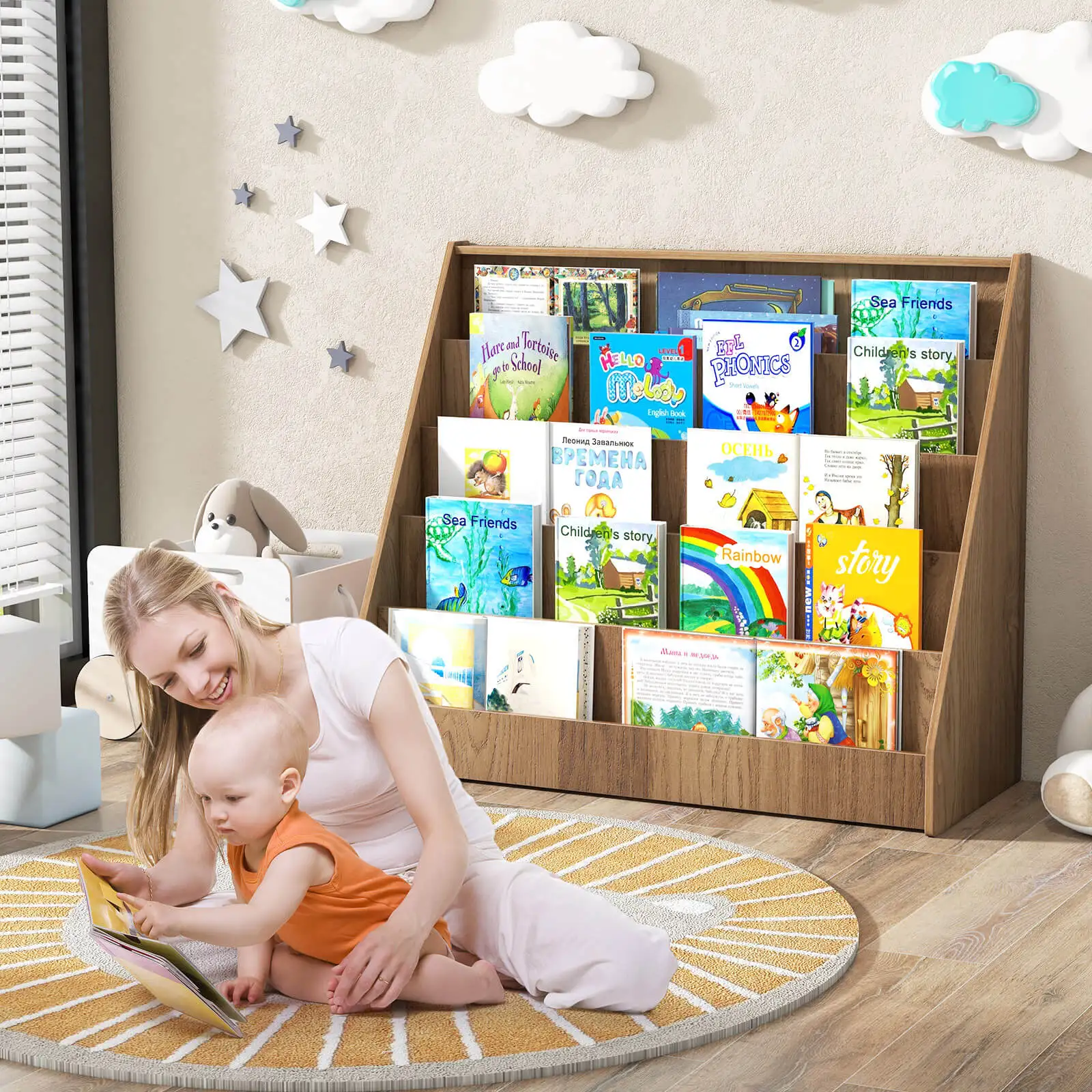 5 Tier Kids Bookshelf w/Anti-Tipping Device Kids-friendly Height for Bedroom