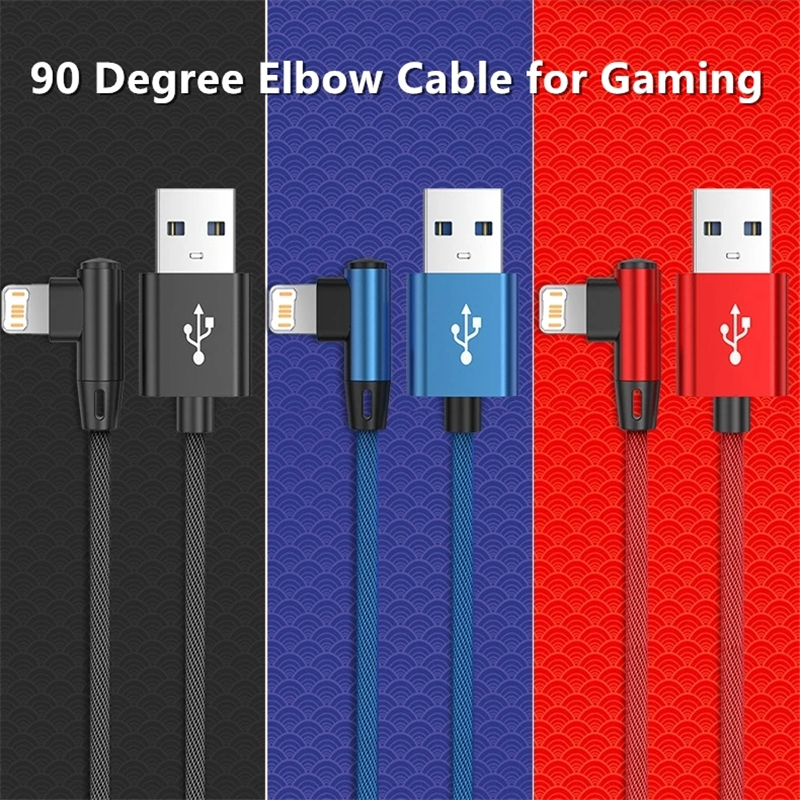 Right Angle Fast Charging USB Cable For iPhone 11 12 13 Pro XS Max X XR 6 6S 7 8 14 Plus Braided Wire Elbow Data Cable 1m 2m 3m