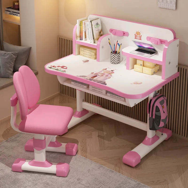 La mesa y la silla de estudio para niños se pueden subir y bajar, silla de estudio para tareas en casa, estantería, mesa y silla integrados