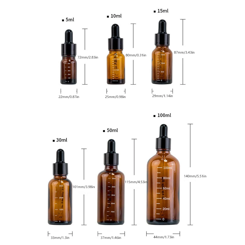 5ml-100ml Dropper 병 (스케일 시약 포함) 안약 앰버 유리 아로마 테라피 액체 피펫 병 리필 용 병 여행