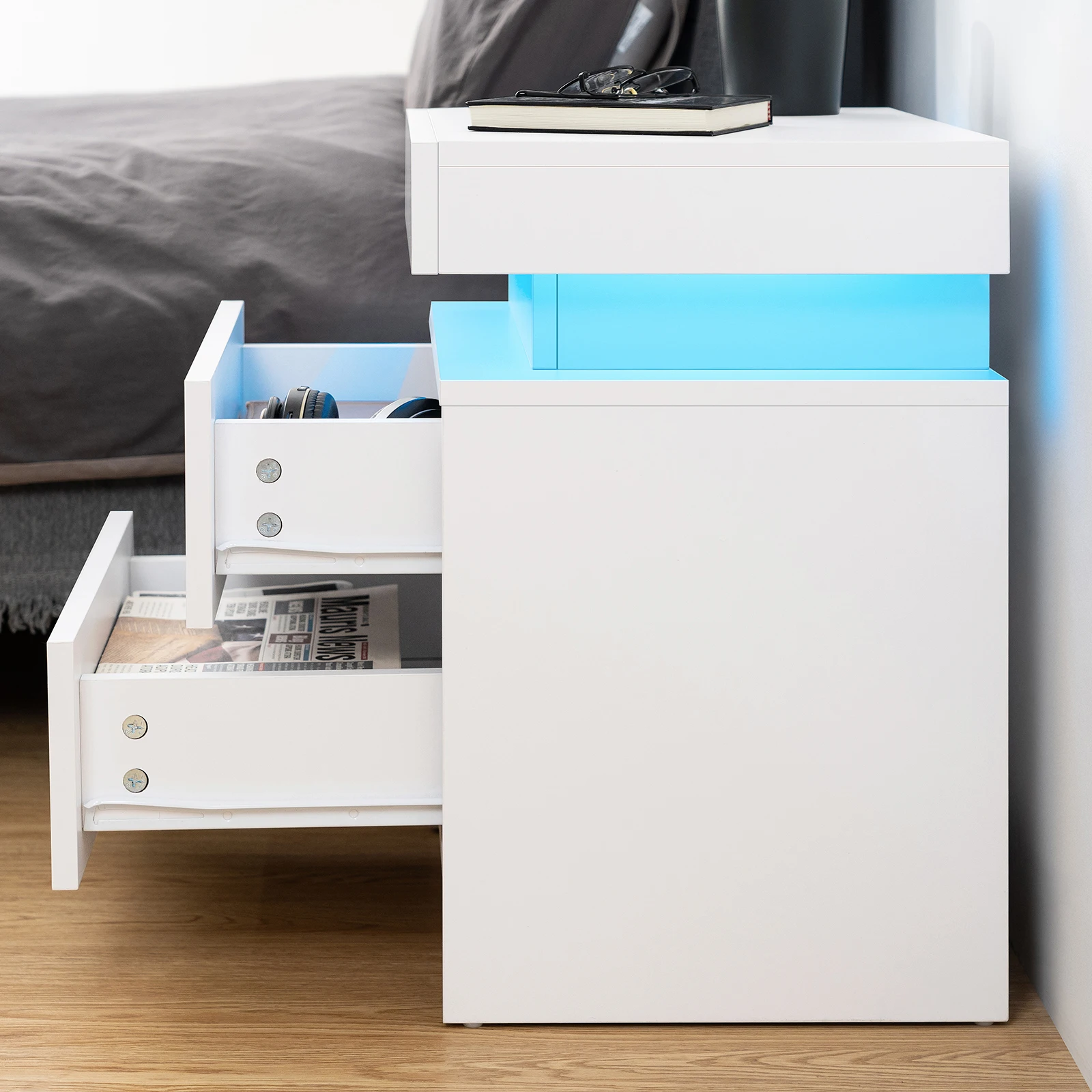 Nightstand RGB LED Light Bedside Table Cabinet with 2 Drawer Bedroom High Gloss