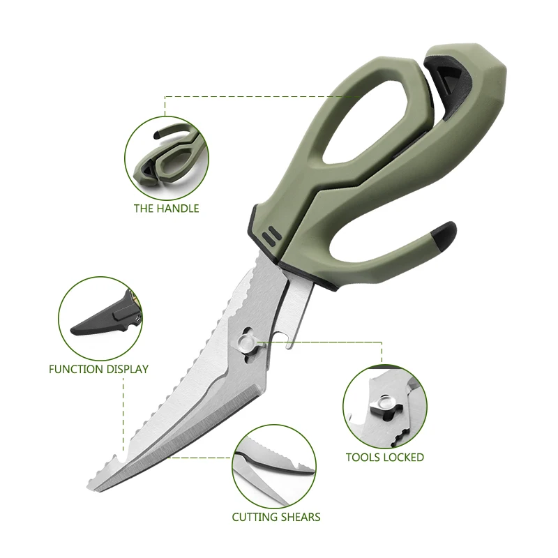 Tijeras de corte de pesca Premium, cocina resistente con cuchillas desmontables, tijeras multifunción de acero inoxidable para aves de corral
