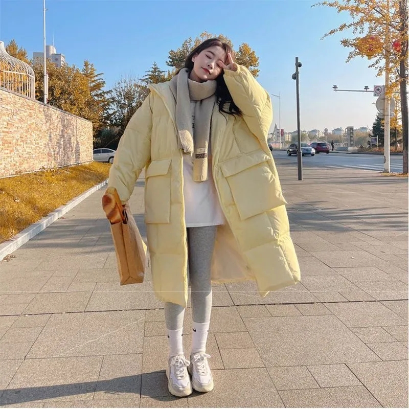 2024 nova jaqueta feminina coreana parkas de inverno solto com capuz algodão acolchoado feminino longo para baixo jaqueta engrossar casacos puffer oversize