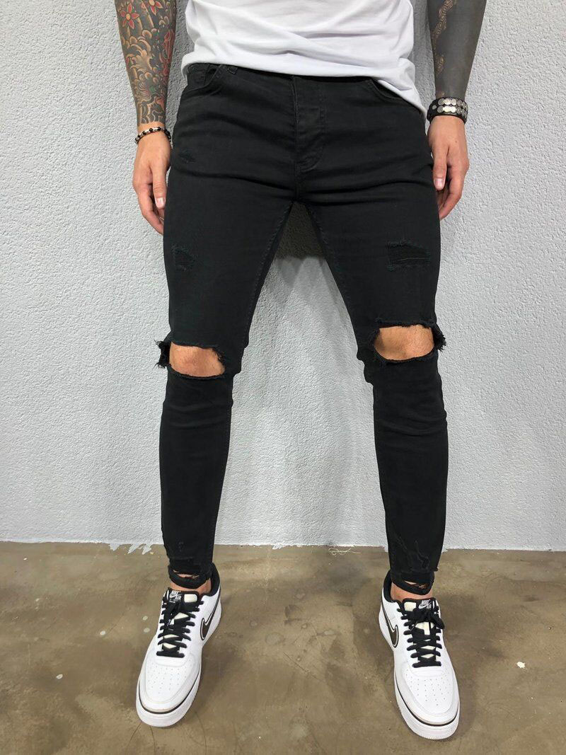 Pantalones vaqueros para hombre, ropa de calle, pantalones vaqueros rasgados ajustados de Hip Hop a la moda para hombre, pantalones de gran tamaño, pantalones vaqueros informales elásticos de Color sólido para hombre