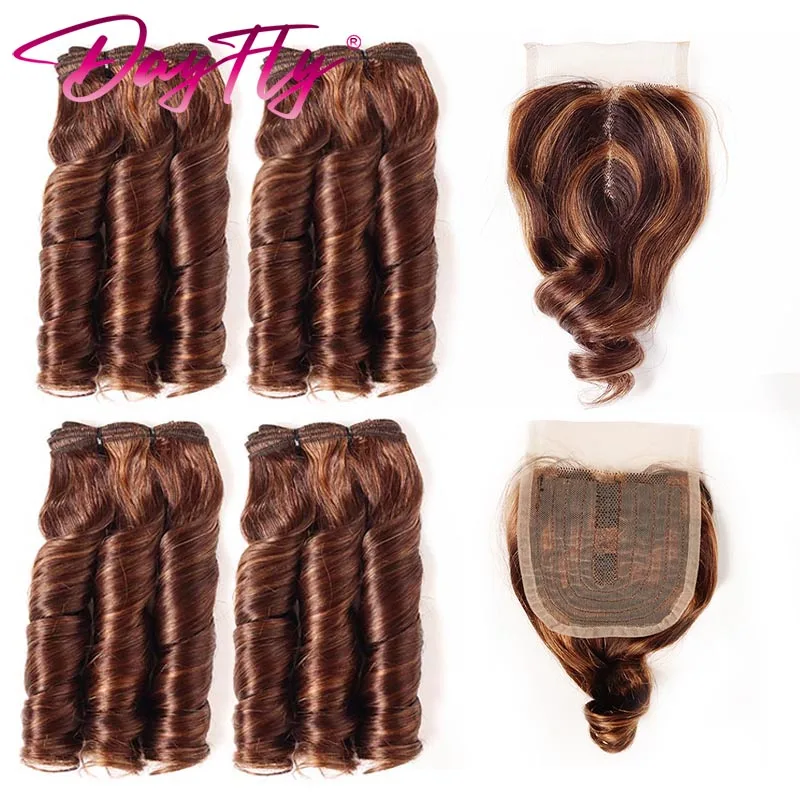 Tissage en Lot Brésilien Naturel avec Closure, Extensions de Cheveux Humains, avec Dentelle Suisse, Ombré, 4 Lots