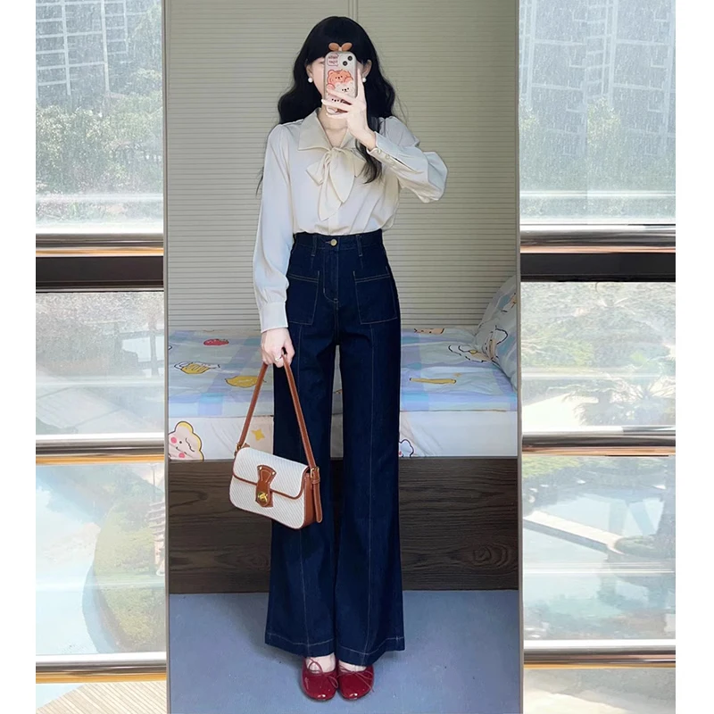 Deep Blue Retro Flared Jeans Women's Spring Autumn High Waist Bell Bottom Pants Drapey Wide Leg Floor Length Trousers