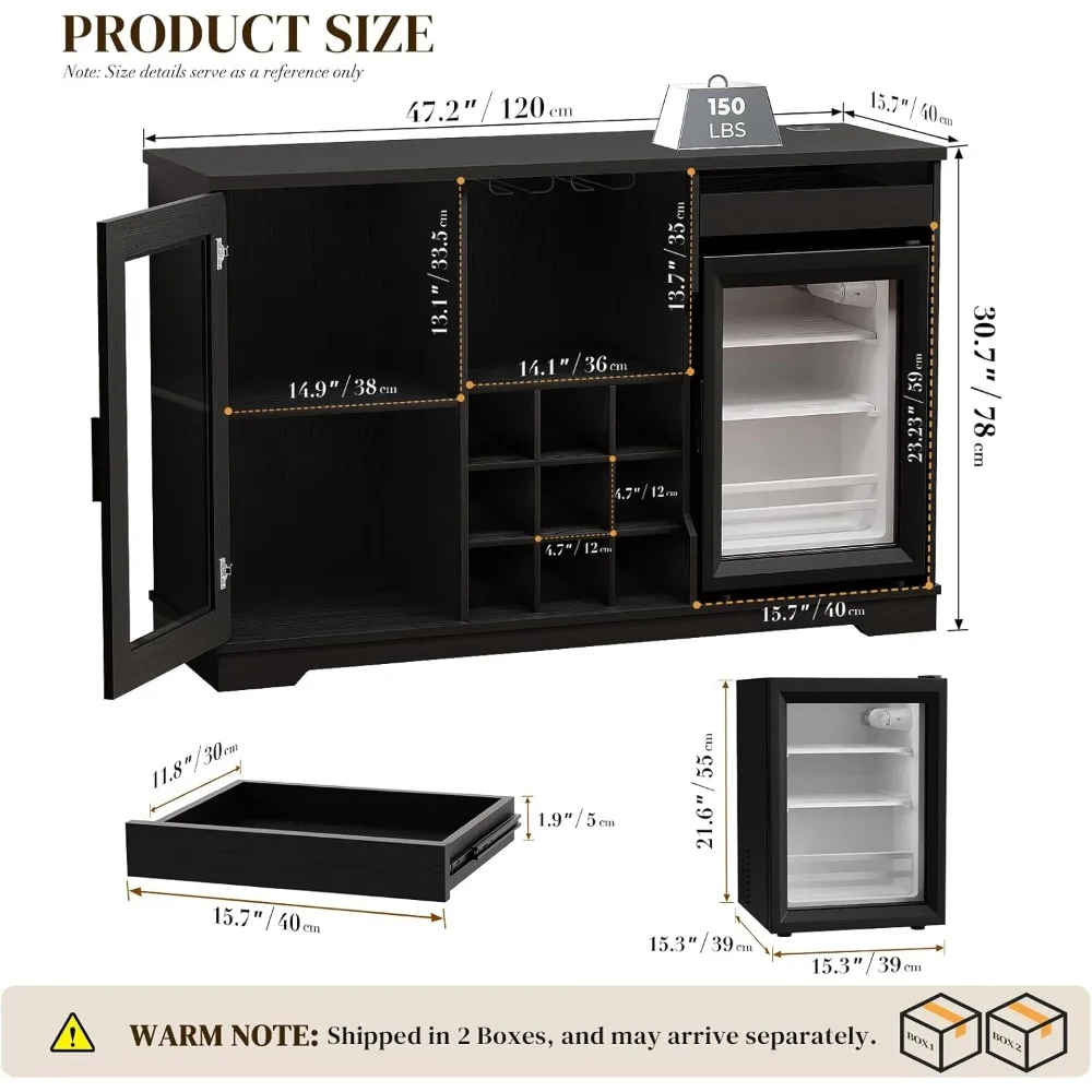 Wine Bar Cabinet with Fridge (Included), Liquor Coffee Cabinet with LED Lights & Rack, Mini Fridge Cabinet with Storage
