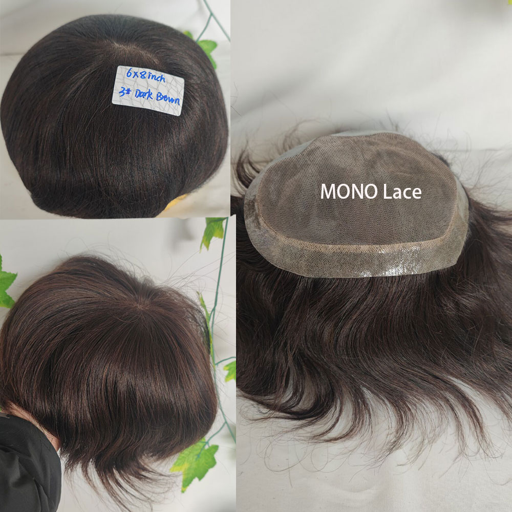 ผมมนุษย์ผู้ชาย Toupee ลูกไม้ฝรั่งเศสชายผมเปลี่ยนระบบวิกผม MONO Lace Hairpiece PU สีดําธรรมชาติ