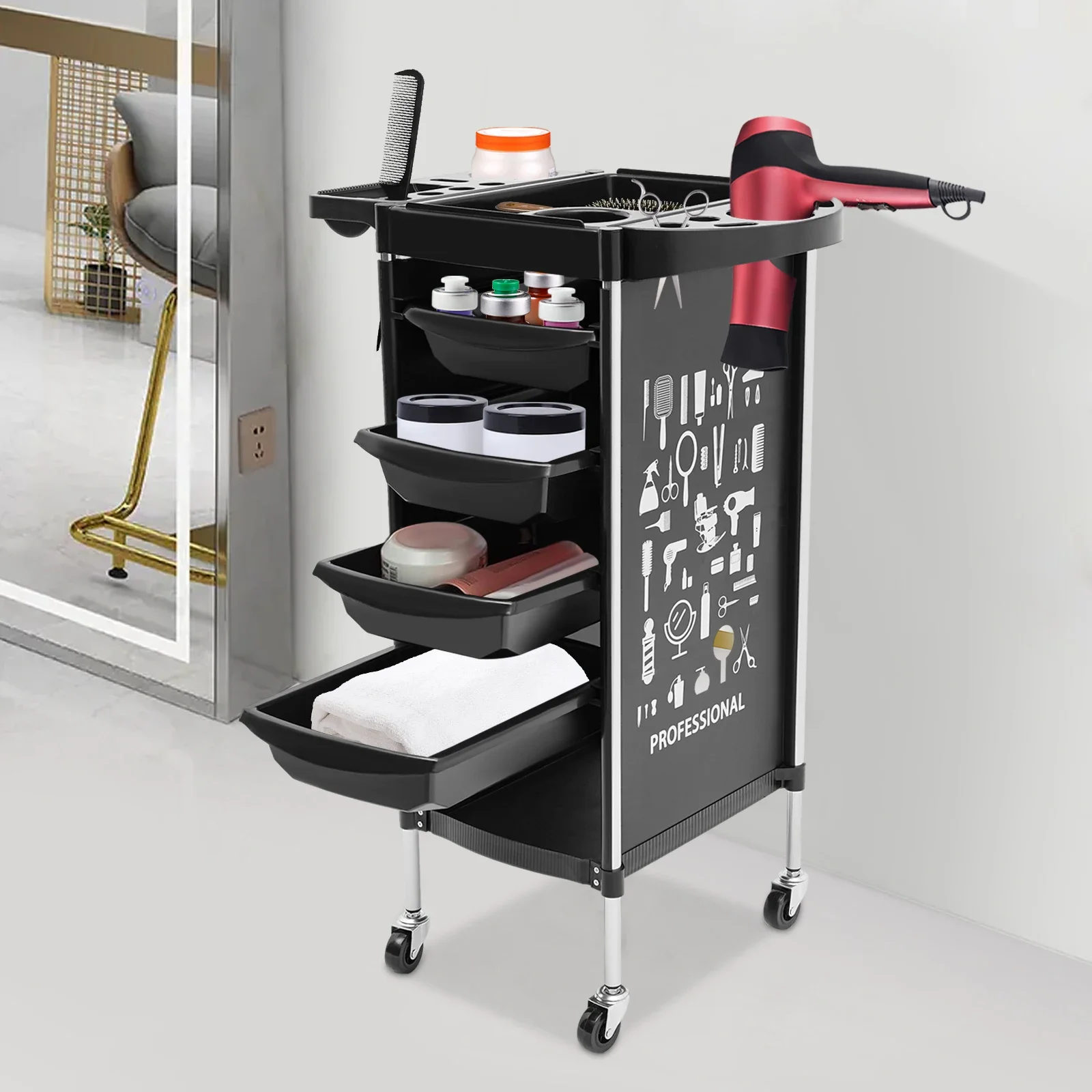 Carrello da salone con 4 cassetti, carrello da barbiere per parrucchiere a 6 livelli, carrello per attrezzi mobile con carico da 50 kg per carico di strumenti per lo sposo Bianco/Nero/Rosso/Verde