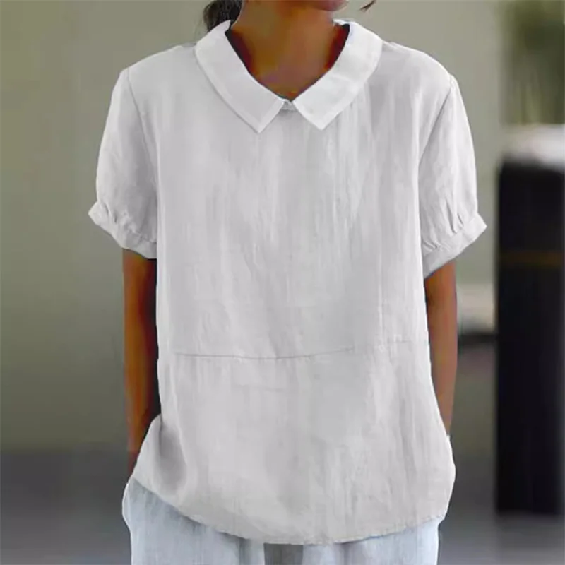 Solid Color Cotton Linen Lapel Pullover Shirt Women Summer Short Sleeve Blouse Female Comfortable Casual Simple Style Tops 2024