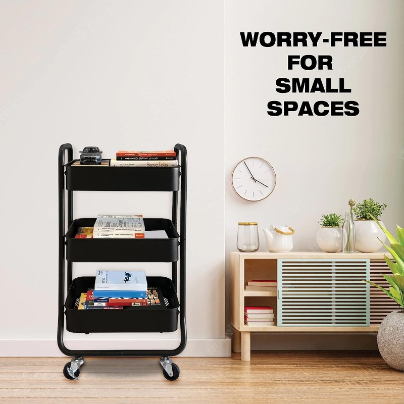 3-Tier Rolling Cart - Heavy Duty Metal Rolling Cart, Lockable Casters, Multifunctional Storage Shelves - Great for Kitchen