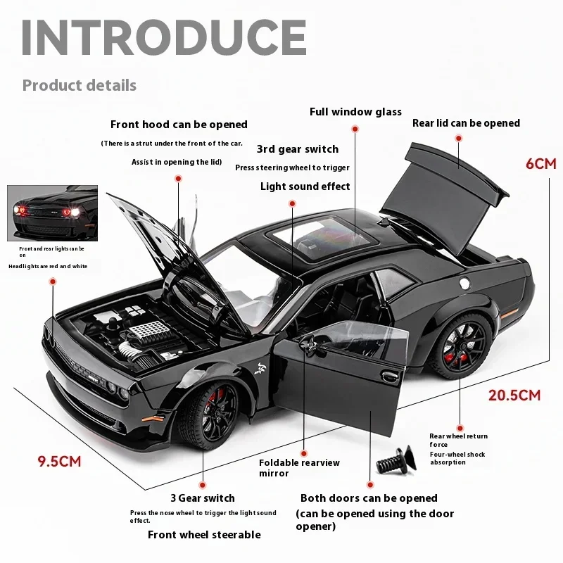 1:24 Dodge Challenger SRT Hellcat Redeye Muscle Alloy Diecast Car Model Computer Desktop DIY High Simulation Collection Ornament