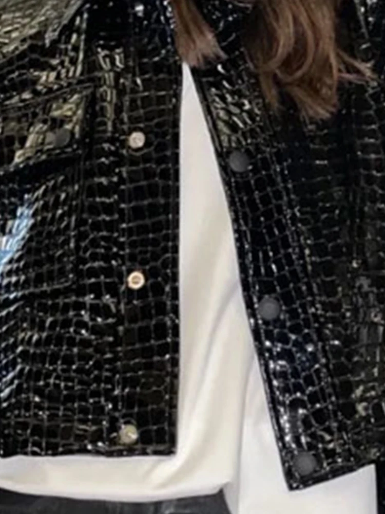 Lautaro Frühling Herbst Kühlen Kurzen Schwarzen Shiny Reflektierende Patent Leder Jacke Frauen Runway Luxus Designer Kleidung Mode 2022