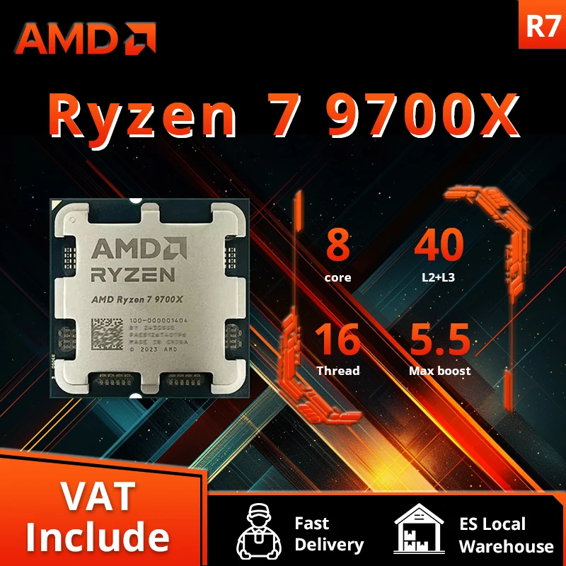 Processeur AMD Ryzen 7 9700X, R7 9700X, 5.5GHz, 8 cœurs, 16 fils, 40 Mo de cache, 4nm, TDP, prise 65W, AM5, processeur de jeu, Vermont 5, sans ventilateur, nouveau