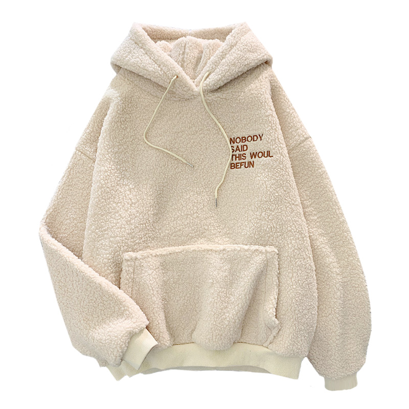 Nueva ropa de Otoño Invierno, abrigo grueso y cálido de Cachemira de terciopelo para mujer, Sudadera con capucha, Tops informales, Jersey holgado de color albaricoque para mujer